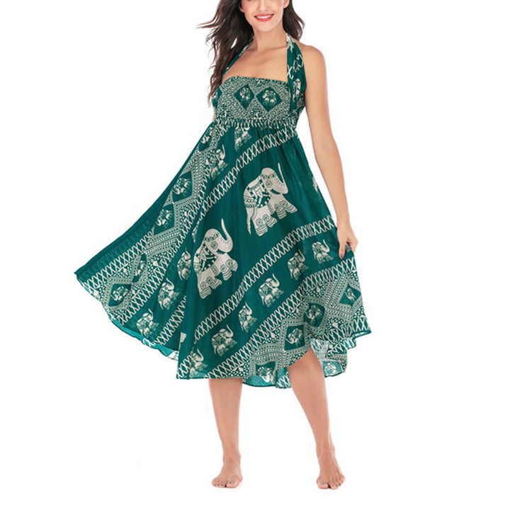 Buddha Stones Two Style Wear Bohemian Summer Elephant Lines Lace-up Skirt Dress - image 9