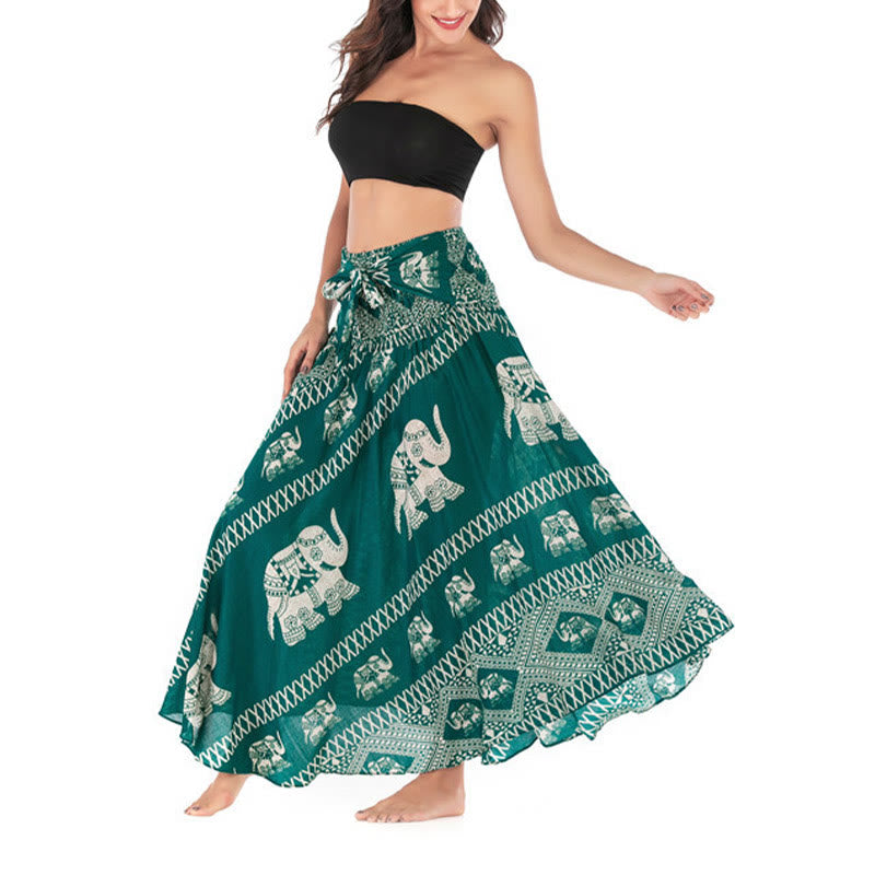 Buddha Stones Two Style Wear Bohemian Summer Elephant Lines Lace-up Skirt Dress - image 2