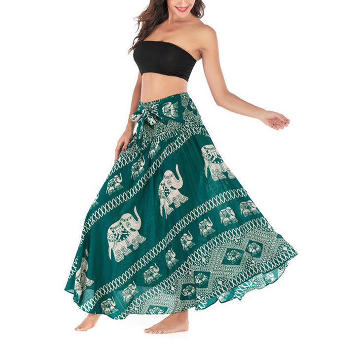 Buddha Stones Two Style Wear Bohemian Summer Elephant Lines Lace-up Skirt Dress - image 2