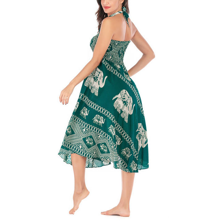 Buddha Stones Two Style Wear Bohemian Summer Elephant Lines Lace-up Skirt Dress - image 10