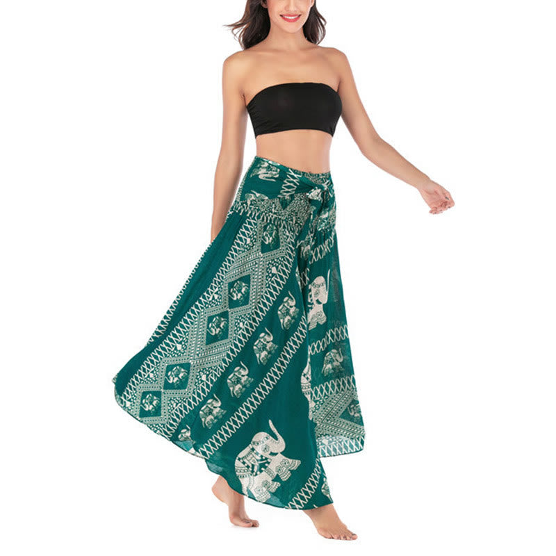 Buddha Stones Two Style Wear Bohemian Summer Elephant Lines Lace-up Skirt Dress - image 4