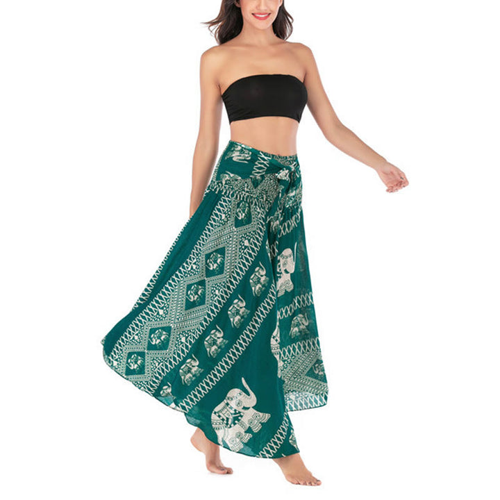 Buddha Stones Two Style Wear Bohemian Summer Elephant Lines Lace-up Skirt Dress - image 4