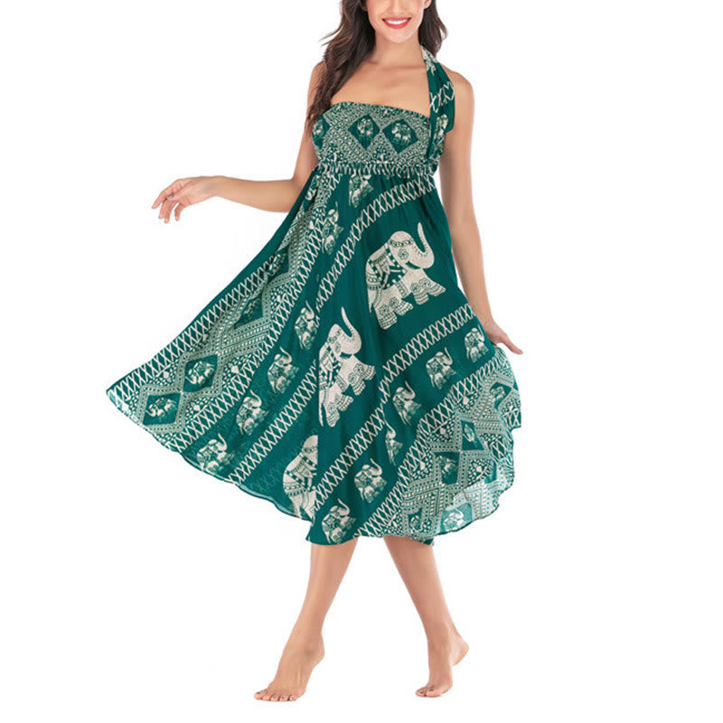 Buddha Stones Two Style Wear Bohemian Summer Elephant Lines Lace-up Skirt Dress - image 3