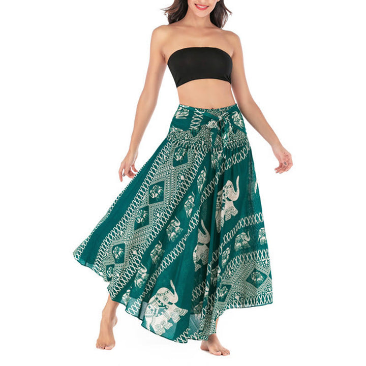 Buddha Stones Two Style Wear Bohemian Summer Elephant Lines Lace-up Skirt Dress - image 7