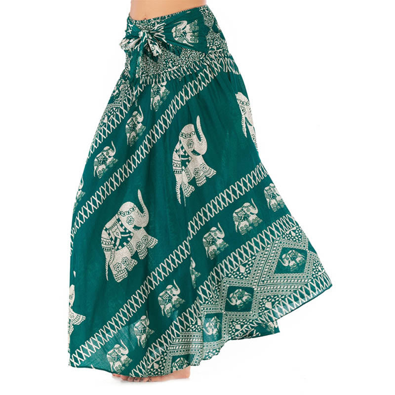 Buddha Stones Two Style Wear Bohemian Summer Elephant Lines Lace-up Skirt Dress - DarkCyan - US4-12，UK/AU8-16，EU36-44 (F) - image 0