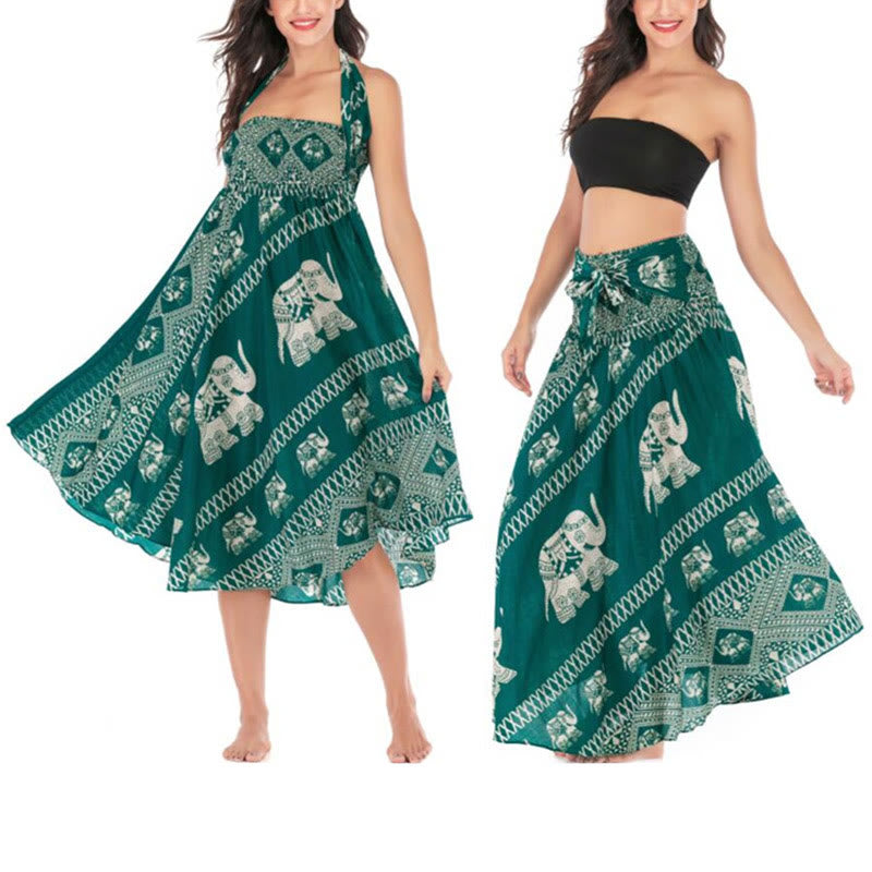 Buddha Stones Two Style Wear Bohemian Summer Elephant Lines Lace-up Skirt Dress - image 1