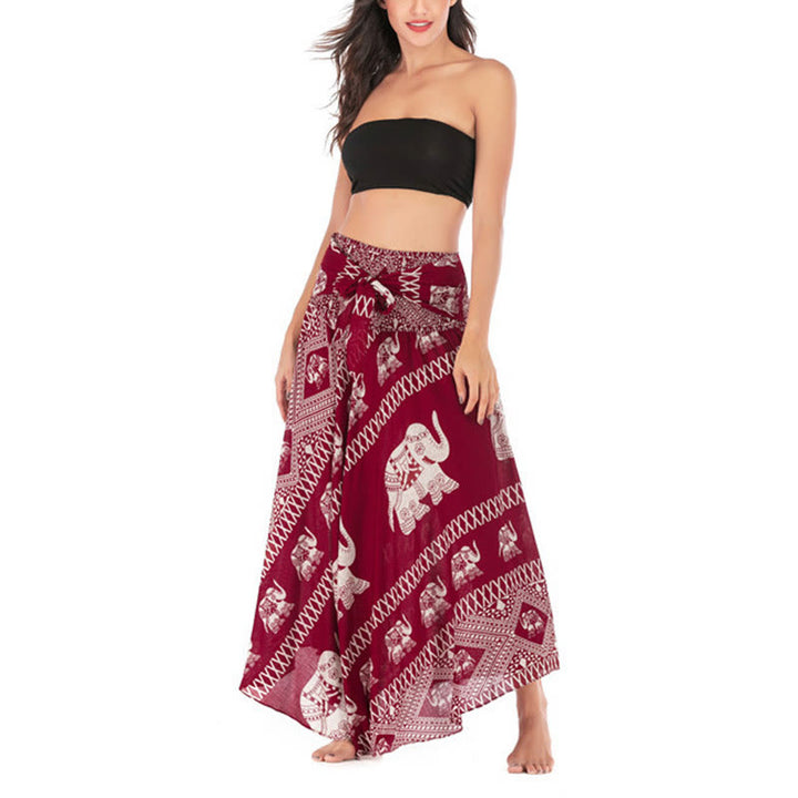 Buddha Stones Two Style Wear Bohemian Summer Elephant Lines Lace-up Skirt Dress - image 13