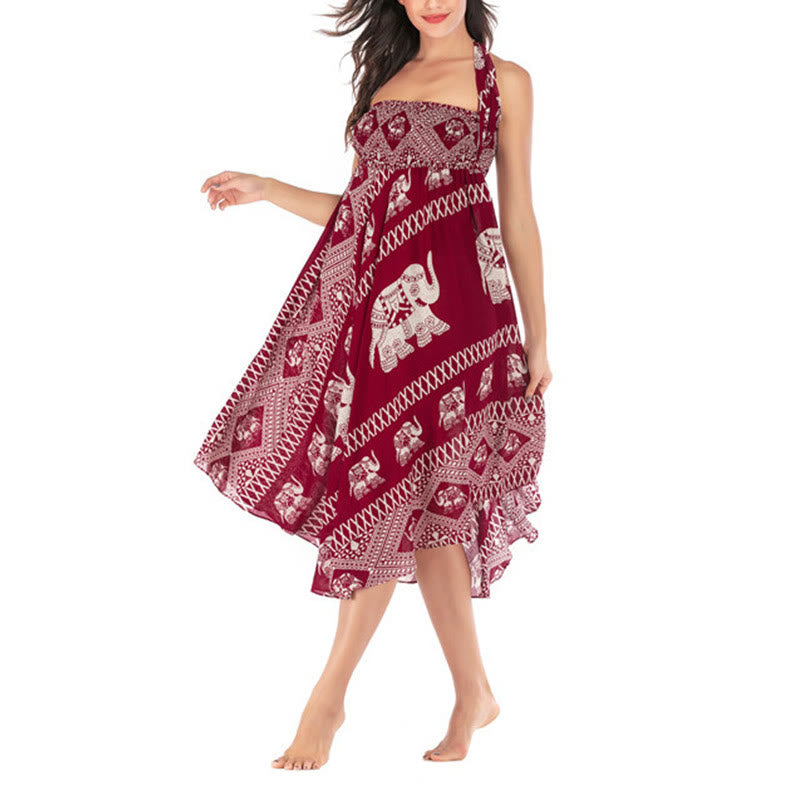 Buddha Stones Two Style Wear Bohemian Summer Elephant Lines Lace-up Skirt Dress - image 14