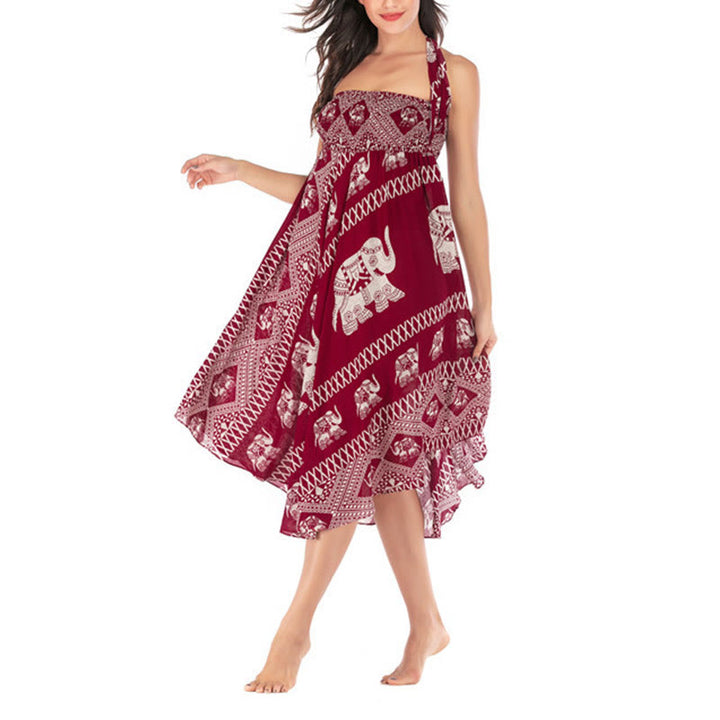 Buddha Stones Two Style Wear Bohemian Summer Elephant Lines Lace-up Skirt Dress - image 14
