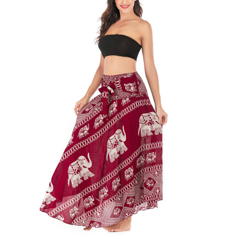 Buddha Stones Two Style Wear Bohemian Summer Elephant Lines Lace-up Skirt Dress - image 15