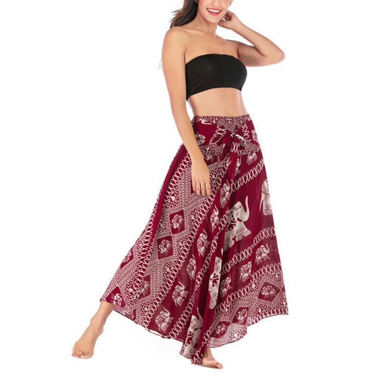 Buddha Stones Two Style Wear Bohemian Summer Elephant Lines Lace-up Skirt Dress - image 17