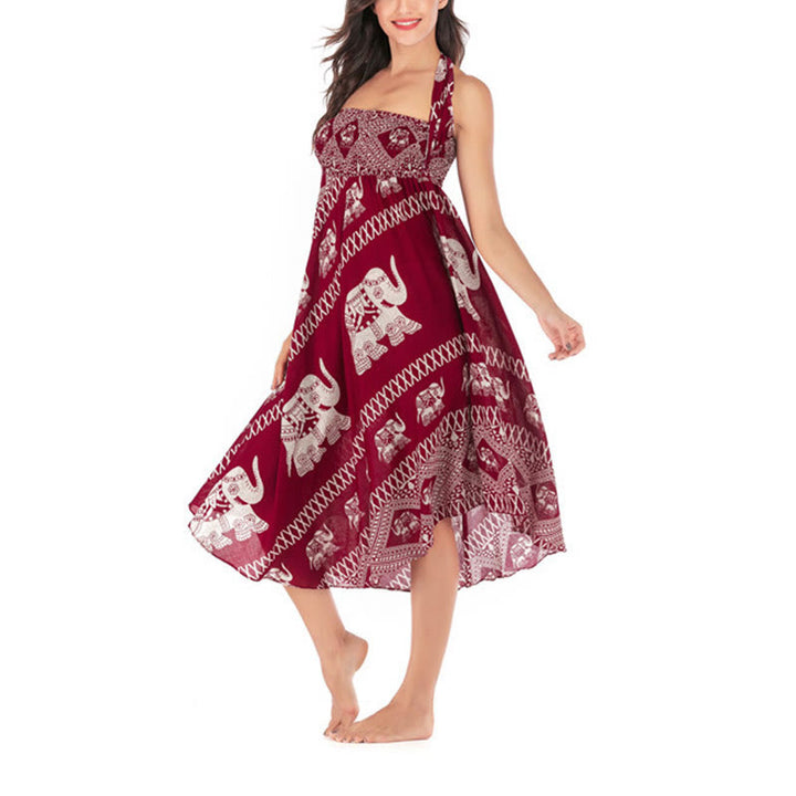 Buddha Stones Two Style Wear Bohemian Summer Elephant Lines Lace-up Skirt Dress - image 18