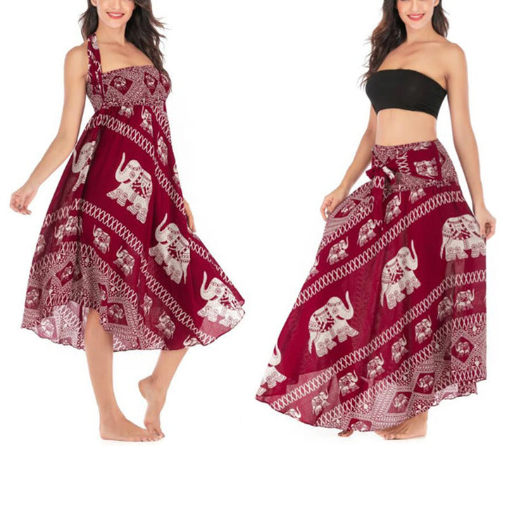 Buddha Stones Two Style Wear Bohemian Summer Elephant Lines Lace-up Skirt Dress - image 12
