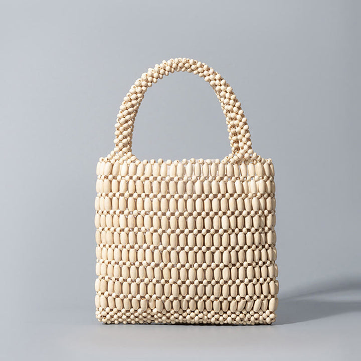 Buddha Stones Hand-woven Wooden Beads Handbag - Beige 19.5*4.5*18.5cm - image 12