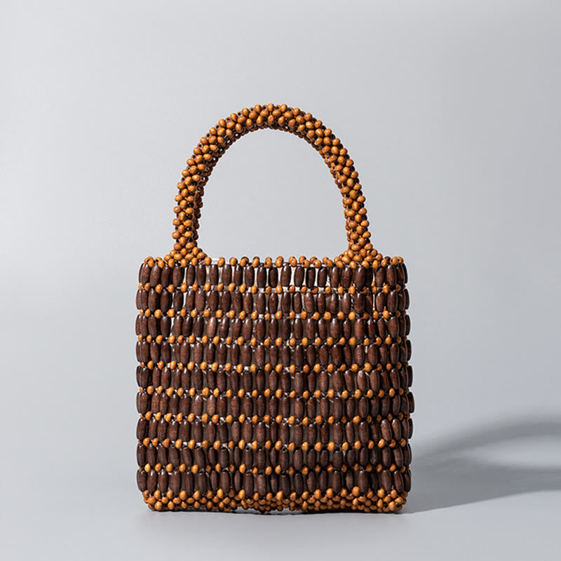 Buddha Stones Hand-woven Wooden Beads Handbag - Brown 19.5*4.5*18.5cm - image 0