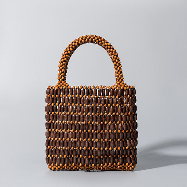 Buddha Stones Hand-woven Wooden Beads Handbag - Brown 19.5*4.5*18.5cm - image 0