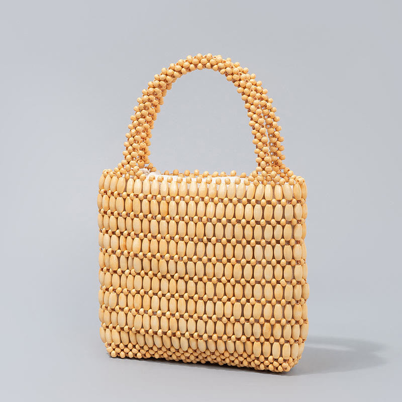 Buddha Stones Hand-woven Wooden Beads Handbag - Khaki 19.5*4.5*18.5cm - image 14