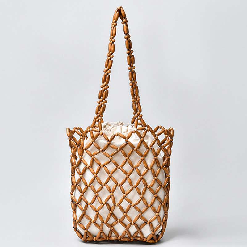 Buddha Stones Hand-woven Wooden Beads Shoulder Bag Handbag - Brown 25*6*30cm - image 0