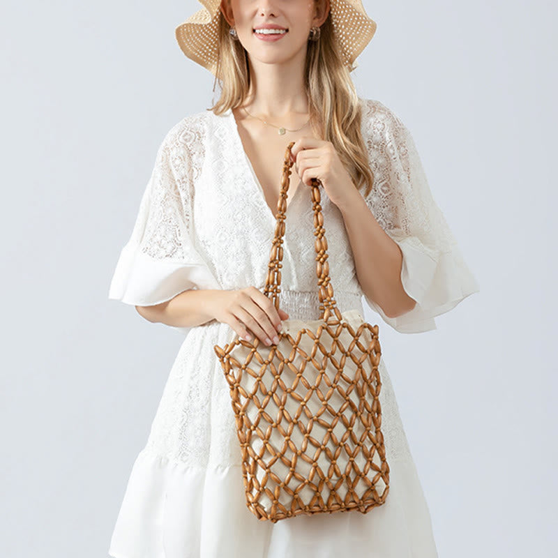 Buddha Stones Hand-woven Wooden Beads Shoulder Bag Handbag - image 10