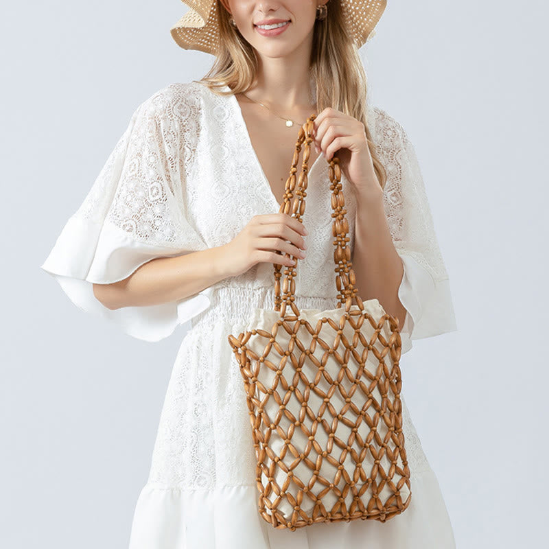 Buddha Stones Hand-woven Wooden Beads Shoulder Bag Handbag - image 14
