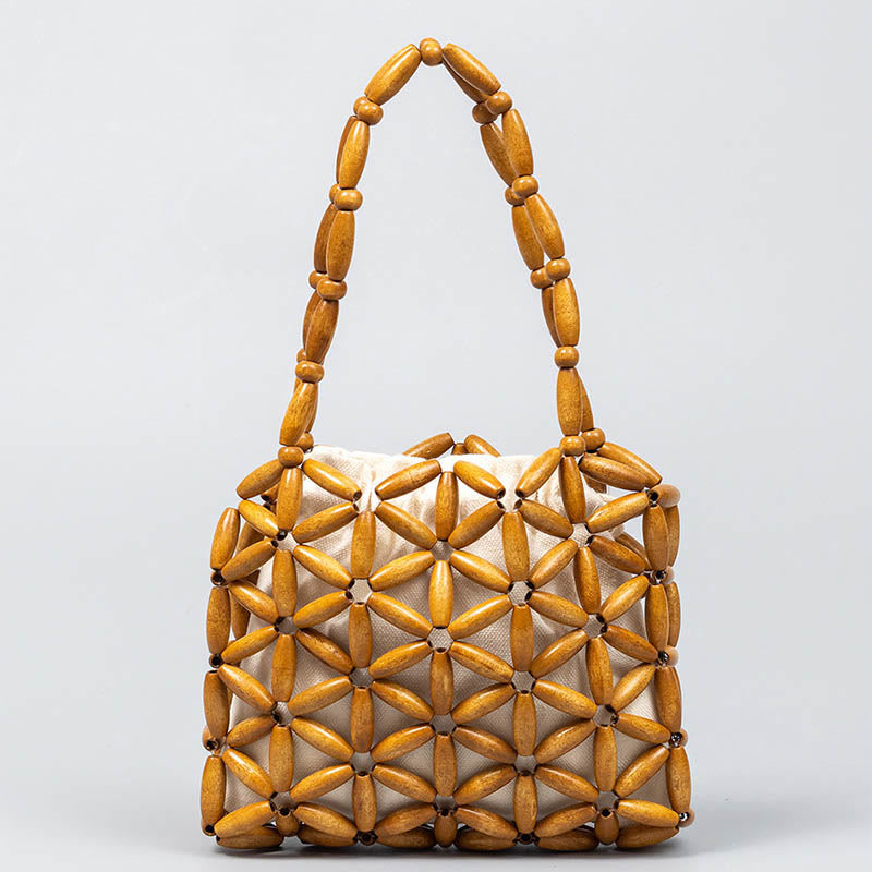 Buddha Stones Hand-woven Mini Wooden Beads Handbag - Khaki 16*3*14cm - image 0