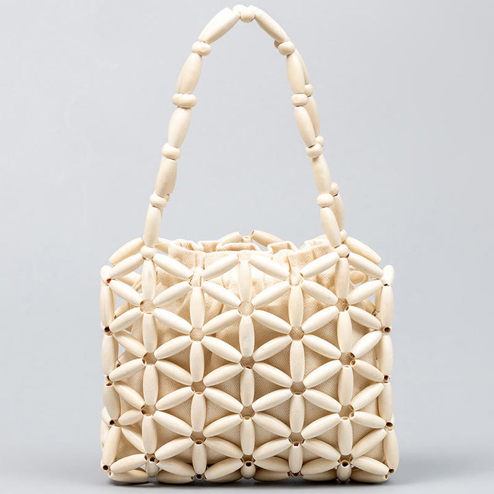 Buddha Stones Hand-woven Mini Wooden Beads Handbag - White 16*3*14cm - image 7