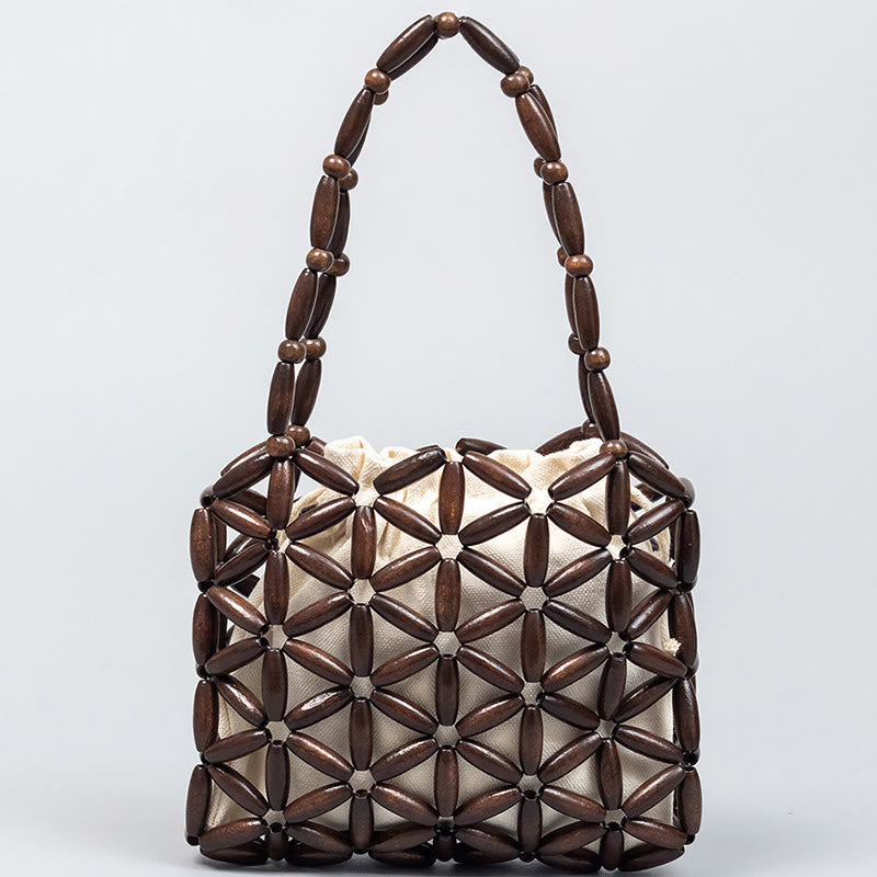 Buddha Stones Hand-woven Mini Wooden Beads Handbag - Brown 16*3*14cm - image 10