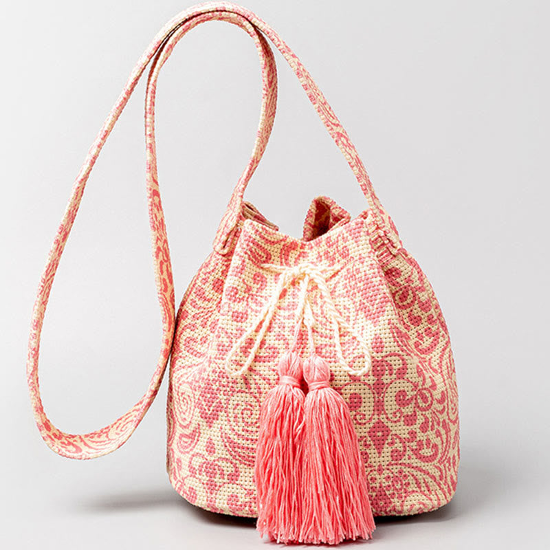 Buddha Stones Colorful Geometry Flowers Print Canvas Bucket Crossbody Bag Shoulder Bag - Pink Beige 23*16*23cm - image 24