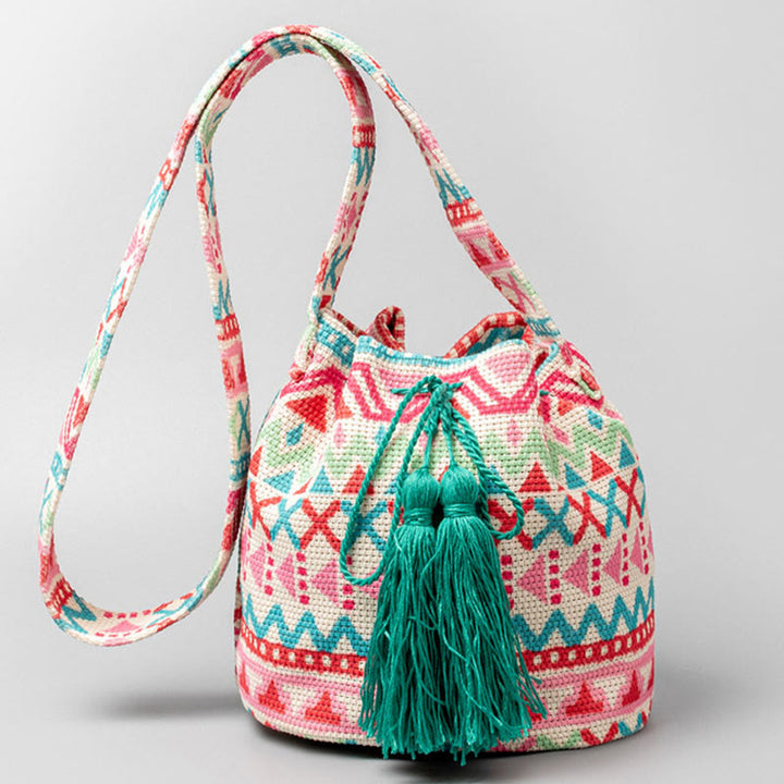 Buddha Stones Colorful Geometry Flowers Print Canvas Bucket Crossbody Bag Shoulder Bag - Pink Green Lines 23*16*23cm - image 12