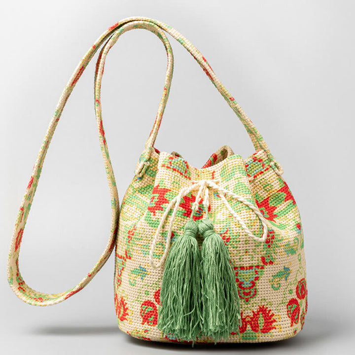 Buddha Stones Colorful Geometry Flowers Print Canvas Bucket Crossbody Bag Shoulder Bag - Yellow Green 23*16*23cm - image 18