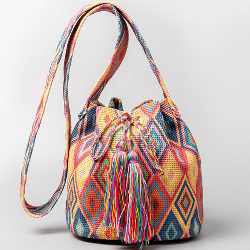 Buddha Stones Colorful Geometry Flowers Print Canvas Bucket Crossbody Bag Shoulder Bag - Colorful Rhombus 23*16*23cm - image 0