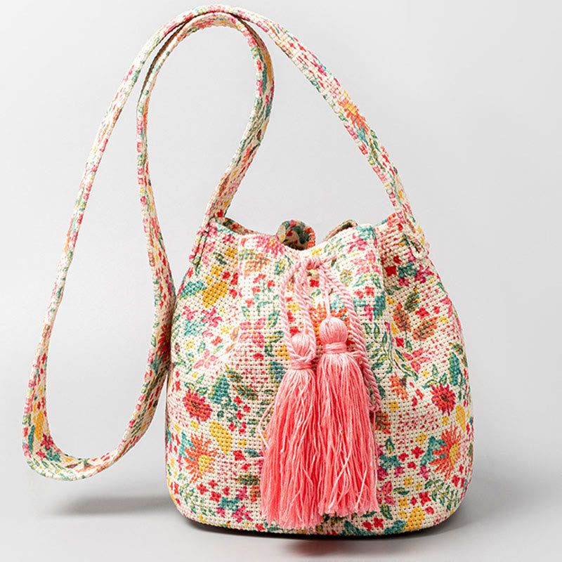 Buddha Stones Colorful Geometry Flowers Print Canvas Bucket Crossbody Bag Shoulder Bag - Colorful Flowers 23*16*23cm - image 21