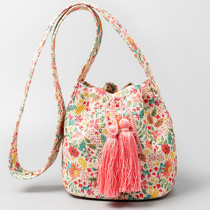Buddha Stones Colorful Geometry Flowers Print Canvas Bucket Crossbody Bag Shoulder Bag - Colorful Flowers 23*16*23cm - image 21