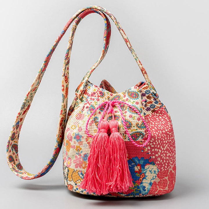 Buddha Stones Colorful Geometry Flowers Print Canvas Bucket Crossbody Bag Shoulder Bag - Pink Flowers 23*16*23cm - image 15