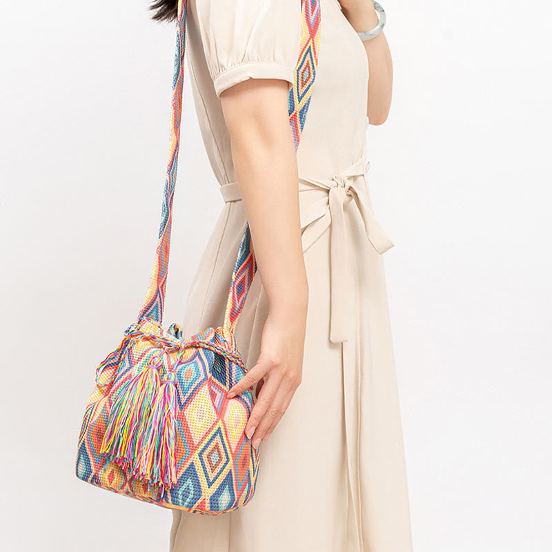 Buddha Stones Colorful Geometry Flowers Print Canvas Bucket Crossbody Bag Shoulder Bag - image 5
