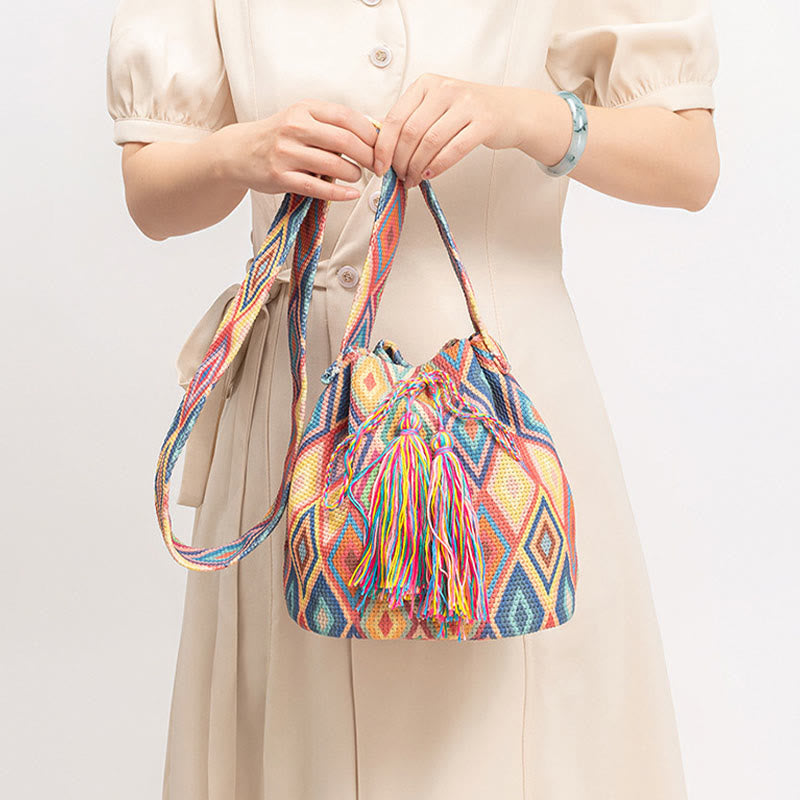 Buddha Stones Colorful Geometry Flowers Print Canvas Bucket Crossbody Bag Shoulder Bag - image 9