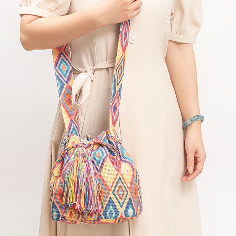 Buddha Stones Colorful Geometry Flowers Print Canvas Bucket Crossbody Bag Shoulder Bag - image 8