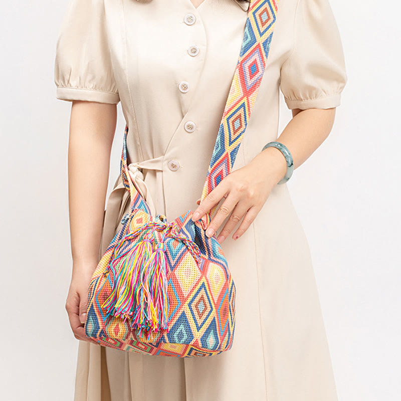 Buddha Stones Colorful Geometry Flowers Print Canvas Bucket Crossbody Bag Shoulder Bag - image 6