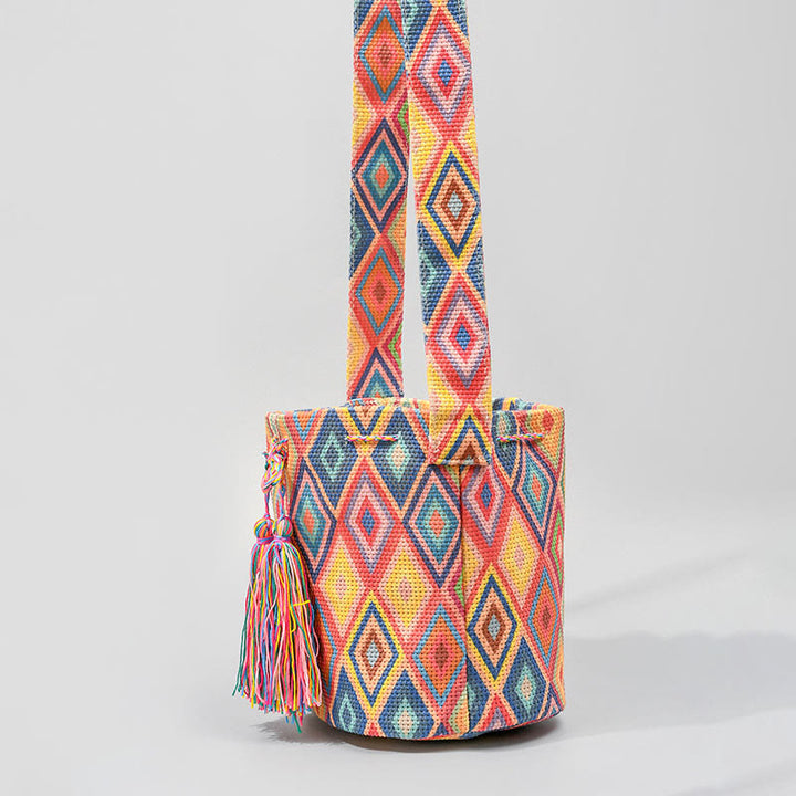Buddha Stones Colorful Geometry Flowers Print Canvas Bucket Crossbody Bag Shoulder Bag - image 4
