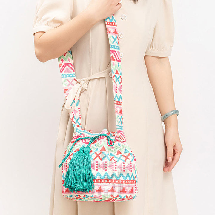 Buddha Stones Colorful Geometry Flowers Print Canvas Bucket Crossbody Bag Shoulder Bag - image 14