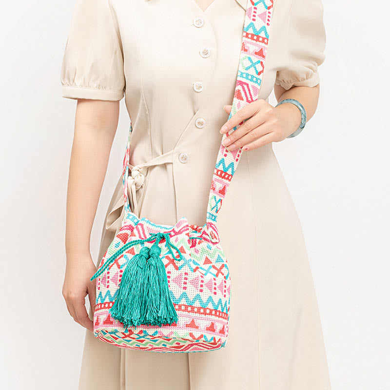 Buddha Stones Colorful Geometry Flowers Print Canvas Bucket Crossbody Bag Shoulder Bag - image 13