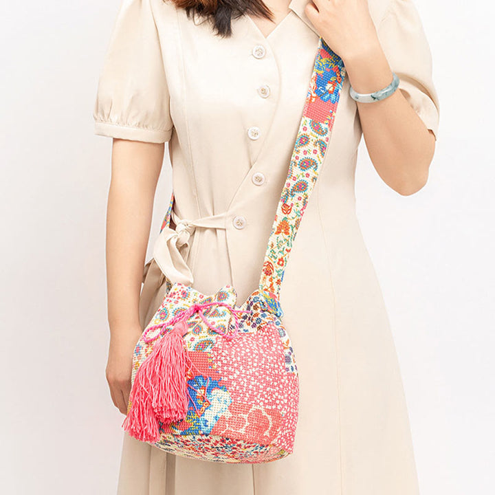 Buddha Stones Colorful Geometry Flowers Print Canvas Bucket Crossbody Bag Shoulder Bag - image 16