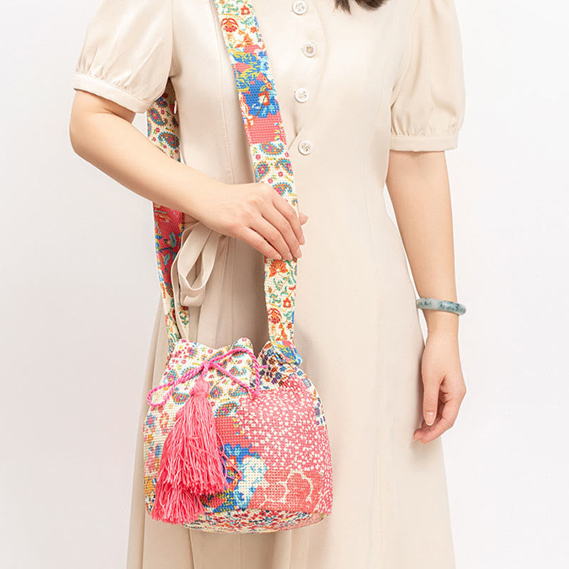 Buddha Stones Colorful Geometry Flowers Print Canvas Bucket Crossbody Bag Shoulder Bag - image 17