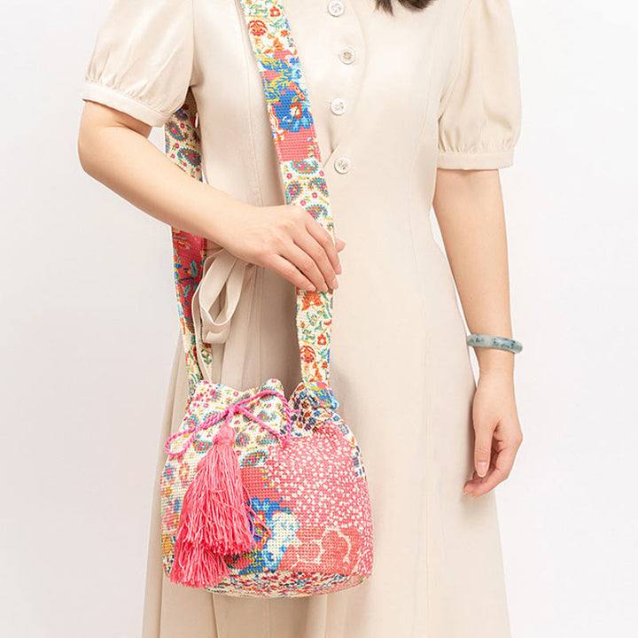 Buddha Stones Colorful Geometry Flowers Print Canvas Bucket Crossbody Bag Shoulder Bag - image 17