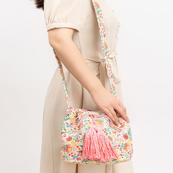 Buddha Stones Colorful Geometry Flowers Print Canvas Bucket Crossbody Bag Shoulder Bag - image 23