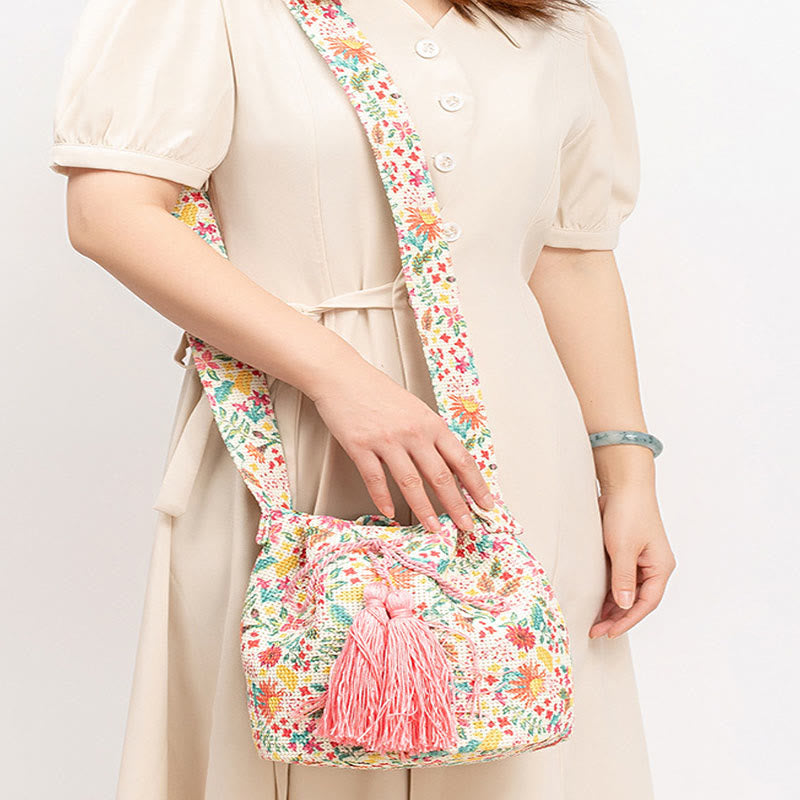 Buddha Stones Colorful Geometry Flowers Print Canvas Bucket Crossbody Bag Shoulder Bag - image 22