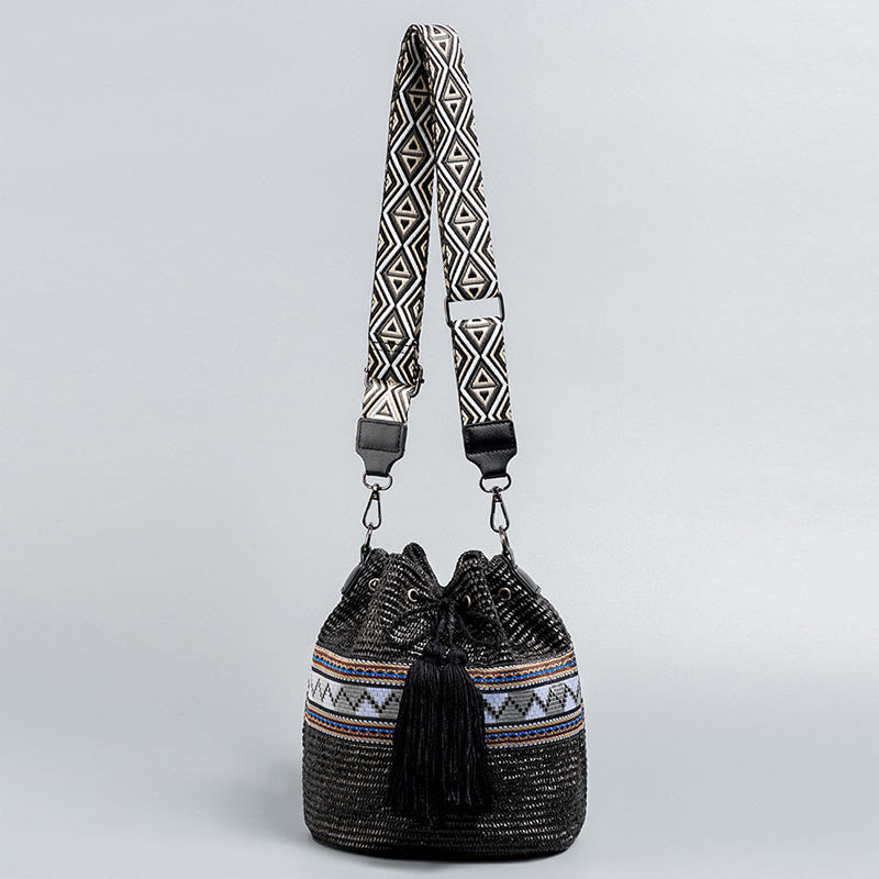 Buddha Stones Beach Geometry Straw Woven Bucket Tassels Crossbody Bag Shoulder Bag - Black 22*19*22cm - image 13