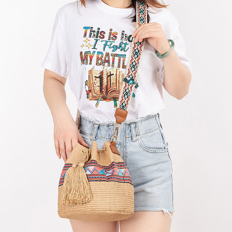 Buddha Stones Beach Geometry Straw Woven Bucket Tassels Crossbody Bag Shoulder Bag - image 10