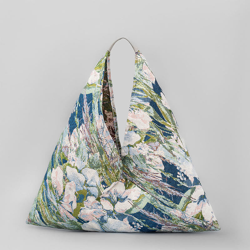 Buddha Stones Flowers Letters Butterfly Geometry Print Underarm Triangle Shoulder Bag - White Flowers Green Blue 58*52cm - image 0