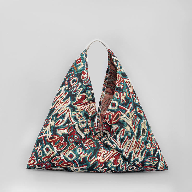 Buddha Stones Flowers Letters Butterfly Geometry Print Underarm Triangle Shoulder Bag - Green English Letters 58*52cm - image 2
